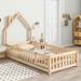 Twin House-Shaped Headboard Floor Bed with Fence, Grey/White/Brown - Imaginative Design, Safety Features, Easy Assembly