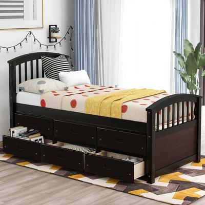 Twin Size Platform Storage Bed with 6 Drawers - Solid Pinewood Construction, Suitable for Standard Twin Mattress