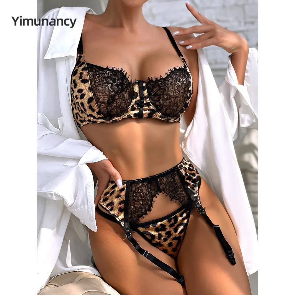 Yimunancy imprimé léopard dentelle Patchwork ensemble de Lingerie femmes gothique soutien-gorge + culotte ensemble de sous-vêtements Sexy érotique jarretière Breif Kit