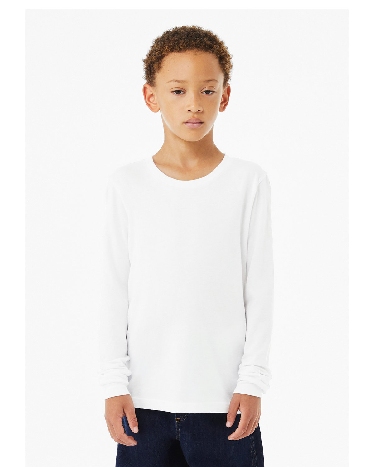 Bella + Canvas 3501YCV Youth Heather CVC Long-Sleeve T-Shirt in Solid White Blend size Medium | 52% airlume combed,ringspun cotton, 48% polyester 3501YCVC