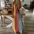 Robe longue rétro colorée à rayures pour femmes robe maxi à col en V robe sexy pour femmes grande