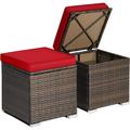 2-Pieces Outside Rattan Ottomans - Patio Wicker Footstools with Storage Space Removable Cushions Multifunctional Hand-Woven Outdoor Side Tables Additional Seats and Footrest (Red)