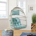 HOOMHIBIU Indoor Outdoor Egg Swing Chair with Stand Patio Beige Wicker Rattan Hanging Chair with Rope Back Cushion Cover All Weather Foldable Hammock Chair for Bedroom Garden (Light Bl