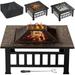 Outdoor Fire Pit 32 Inch Patio Square Metal Firepit with Cover Poker & Grate Wood Burning Fireplace Backyard Stove for Outside Heating Camping