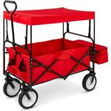 KUF Collapsible Folding Outdoor Utility Wagon with Canopy Garden Cart for Beach Picnic Camping Tailgates w/ Removable Canopy Detachable Pockets 150lb Weight Capacity - Red