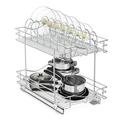 FULGENTE Pull Out Cabinet Drawer Organizer for Lid Cookware 11 W x 21 D 2 Tier Slide Out Kitchen Shelves Storage for Pots and Pans Roll Out Pot Top Shelf for Cabinet Wire Frame