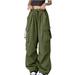 Clearance RYRJJ Parachute Pants for Women Y2K Baggy Cargo Pants Multi-Pockets Drawstring Elastic High Rise Pants Teen Girls Wide Leg Joggers Trousers Streetwear(Army Green L)