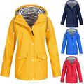 dianhelloya Women Solid Color Stripe Outdoor Windproof Waterproof Hooded Raincoat Rain Jacket Dark Blue
