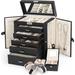 Latitude Run® Large Jewelry Box Jewelry Organizer w/ Mirror, Faux Jewelry Storage Case Faux /Velvet in Black | 10.6 W x 6.1 D in | Wayfair