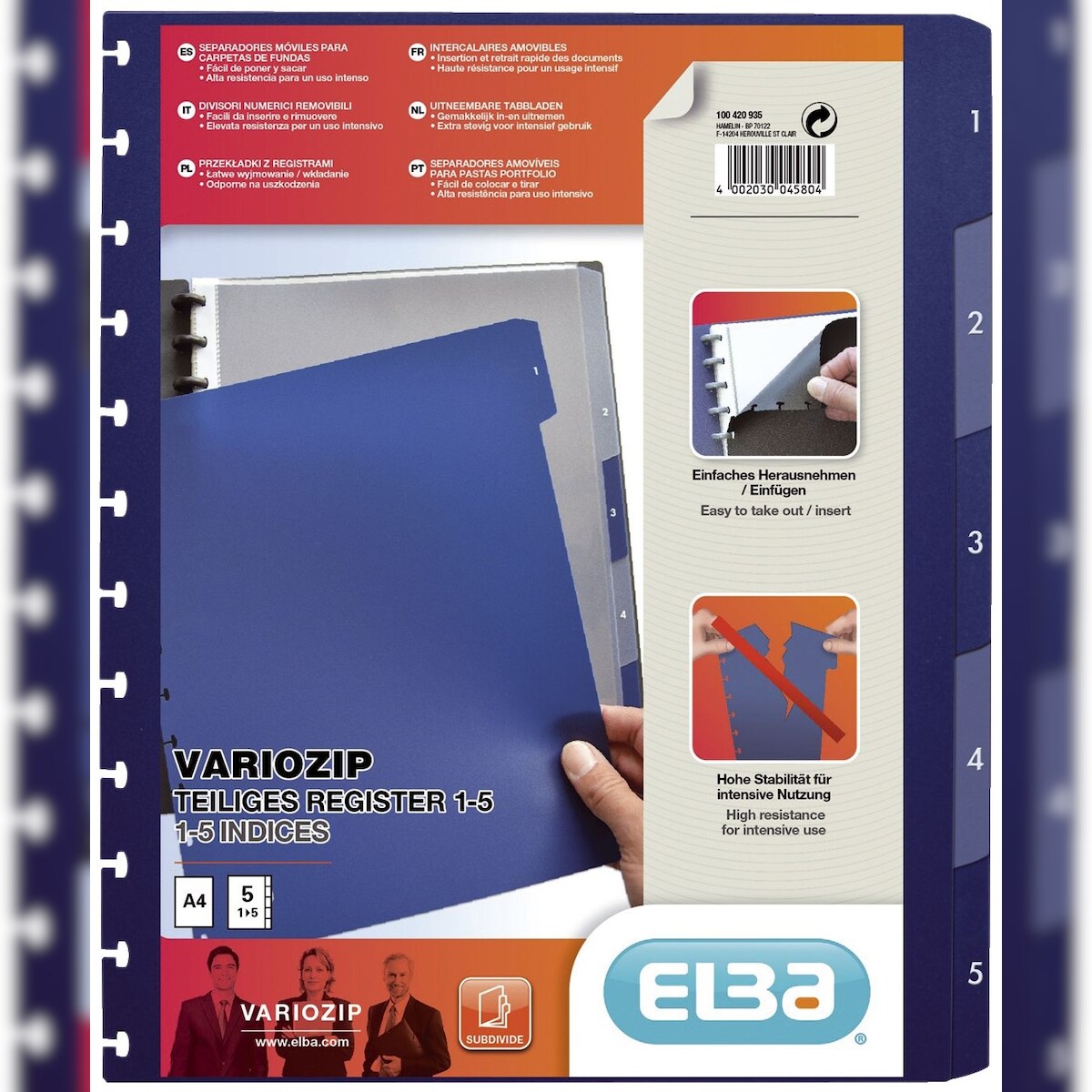 Elba 100420935 Ringmappen-Register image vario-zipp, PP, transluzent/dunkelblau, A4, 5 Blatt Image