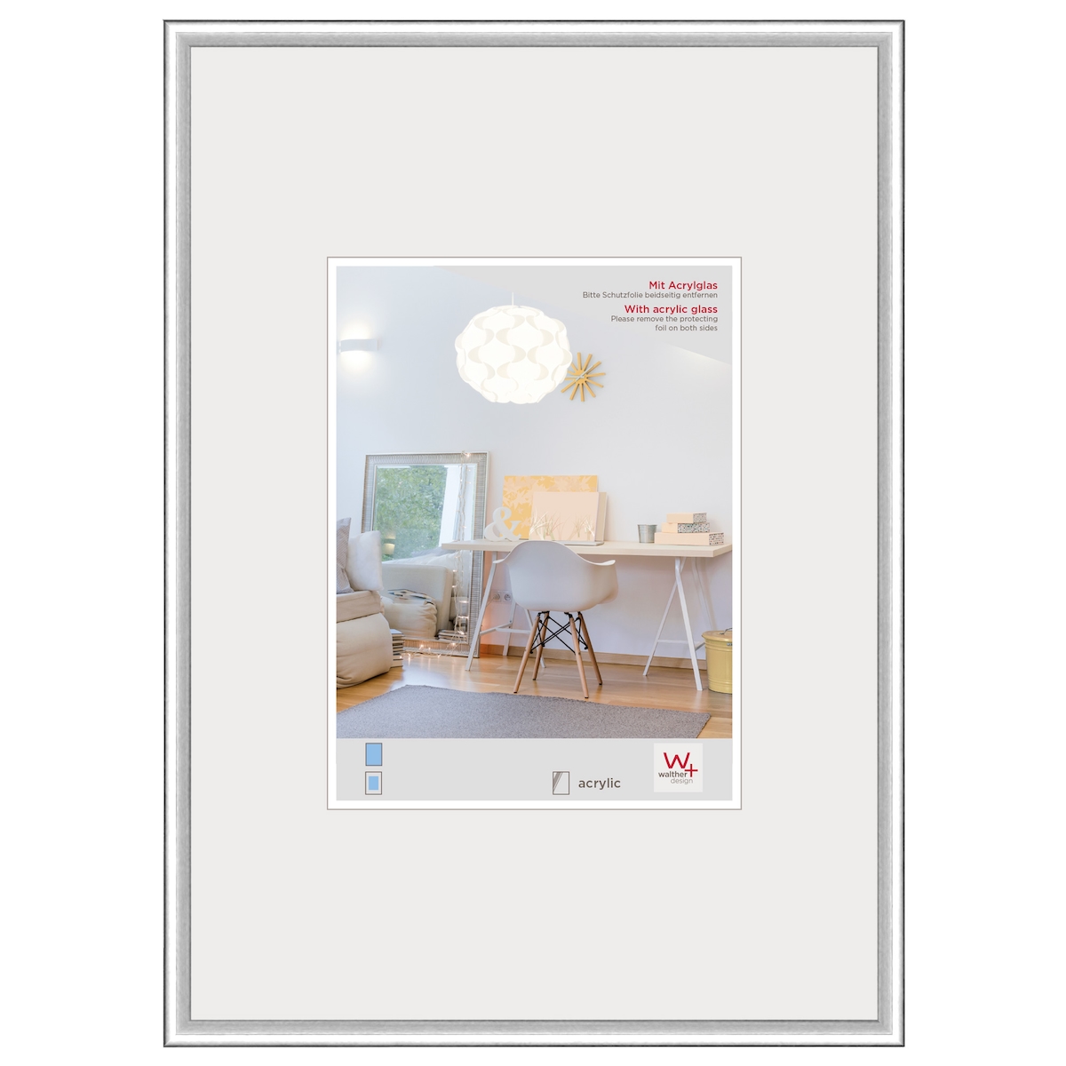 walther + design Lifestyle Kunststoff Bilderrahmen Kunstglas, silber, 50 x 70 cm Image