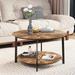 Living Room Round Coffee Table Wooden Double Layer Coffee Table with Open Storage Space and Metal Table Legs, Natural