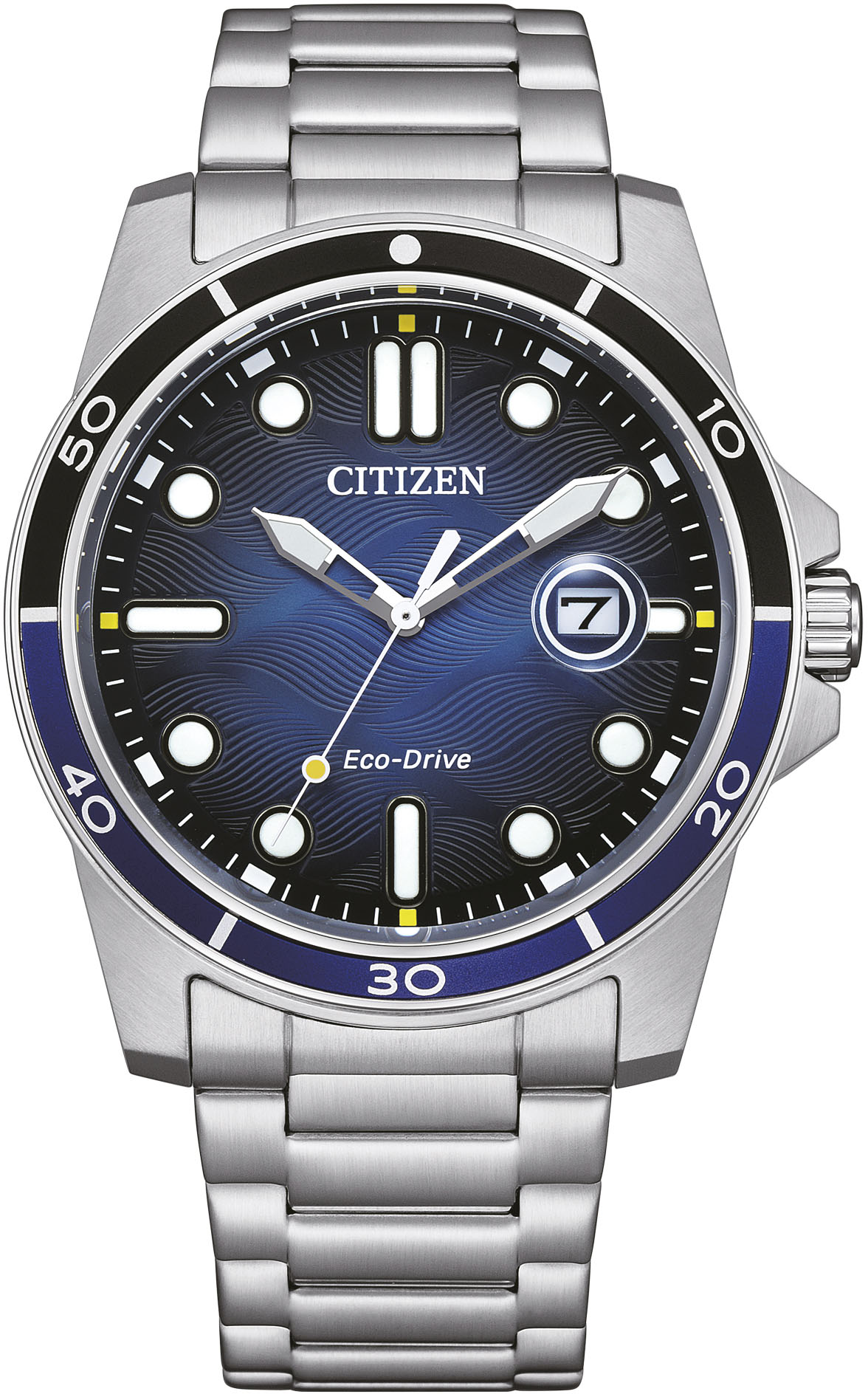 Solaruhr CITIZEN, silber (silberfarben, dunkelblau), Armbanduhren, Herren, Armbanduhr, Herrenuhr, Edelstahlarmband, bis 10 bar wasserdicht, Datum Image