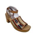 Anthropologie Shoes | Anthropologie Latigo Sandals Inca Stripe Canvas Wood Heel Shoes Women's Size 9.5 | Color: Tan | Size: 9.5