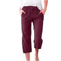 OFFILICIOUS High Waisted Loose Fit Trousers Drawstring Cotton Linen Pantie Elastic Waist Solid Color Cloth Calf-Length Sweatpant Mid-rise casual pant