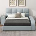 Latitude Run® Platform Bed w/ Multimedia Nightstand & Storage Shelves Wood & /Upholstered/Faux leather in Gray | Wayfair