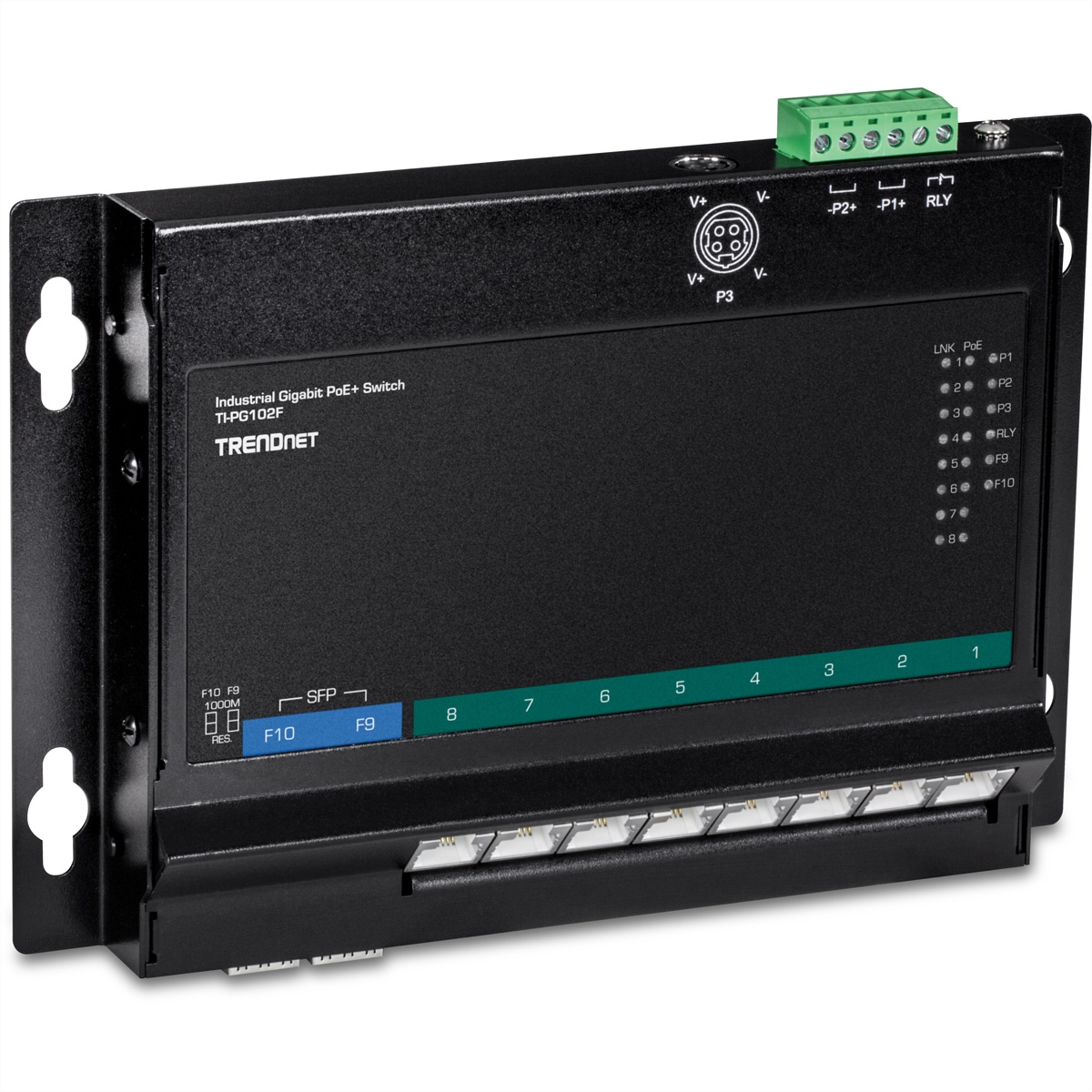 TRENDnet TI-PG102F PoE+ Switch 10-Port Industrie Wall-Mount Front Access Image