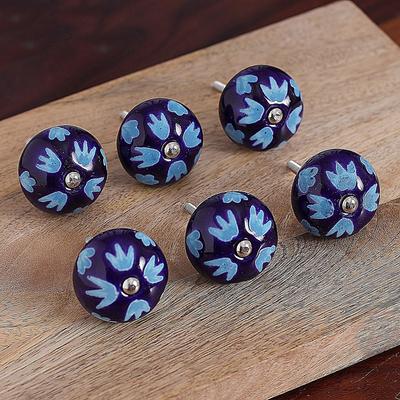 'Set of Six Hand-Painted Leafy Round Blue Ceramic Knobs'