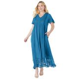 Plus Size Women's Lace-Panelled Crinkle Boho Dress by Roaman's in Dusty Indigo (Size 22/24)