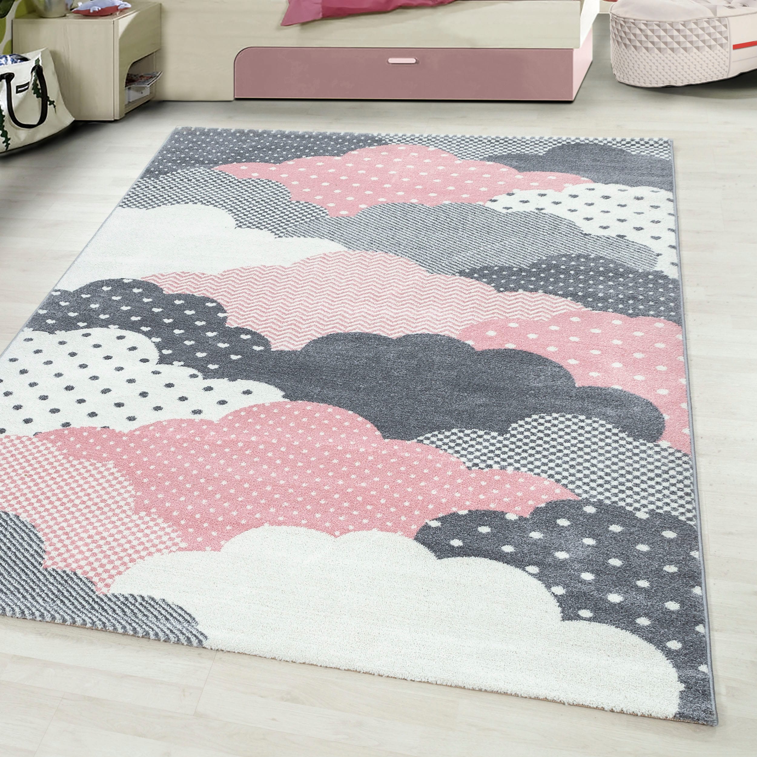 Kinderteppich AYYILDIZ TEPPICHE "Bambi 820", pink, B:200cm H:11mm L:290cm, Kunstfaser, Teppiche, Kinderteppich, auch in rund, Wolken Motiv, Kurzflor