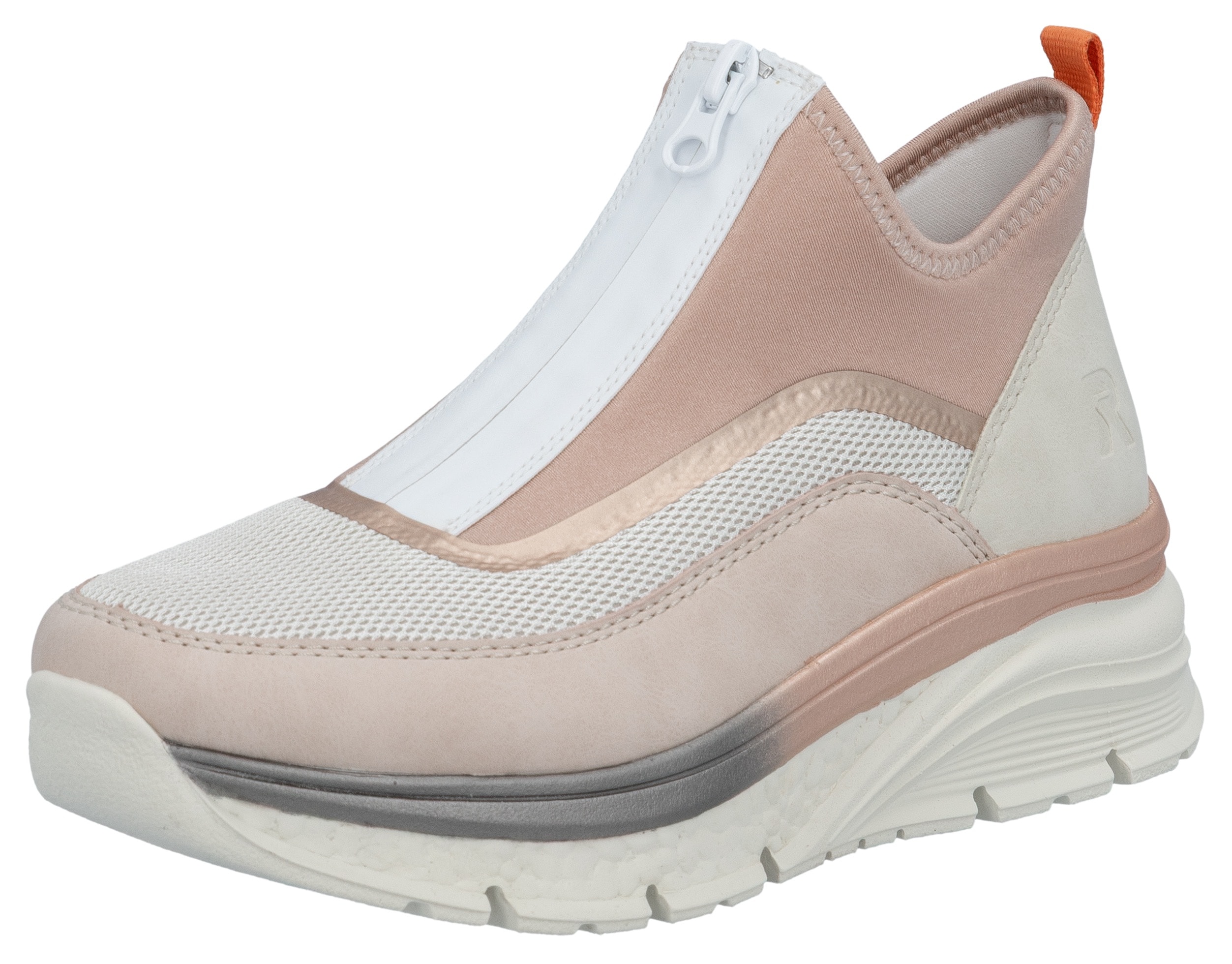 Schlupfboots RIEKER, Damen, Gr. 42, beige (beige kombiniert), Nubuklederimitat, Textil, Schuhe Schlupfboots, Keilabsatz, Freizeitschuh, High Top-Sneaker, Reißverschluss