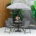 SYTHERS 6PCS Outdoor Dining Set Furniture Set Glass Table 110 lbs Load Capacity 4PCS Folding Chairs 264 lbs Load Capacity Patio Umbrella