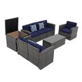 JOIVI 8 Pieces Patio Furniture Conversation Set Outdoor Sectional Patio Sofa Set with Storage Box Coffee Table 3 Pillows for Garden Porch Navy Blue