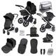 Ickle Bubba Stomp Luxe All-in-One i-Size Travel System with ISOFIX Base - Complete All-Terrain Pram Bundle, Including Stratus Car Seat and Bubba&Me Bed Side Crib (Silver/Midnight/Black)