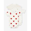 Set of 3 Short Sleeve Wrapover Bodysuits with Hearts in Organic Cotton for Newborn Babies, by Petit Bateau white light two color/multicol
