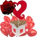 Romantic Linky Red Heart 37" Helium Inflated Balloon with 12 Mini Red Heart Air-Filled Balloons and Single Luxury Red Rose all delivered in a box