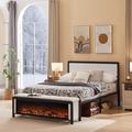 17 Stories Charos 2 Piece Bedroom Set (Upholstered Bench Metal Bed Frame, Electric Fireplace Recessed) in White | Wayfair