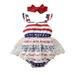 Kucnuzki Newborn Baby Girl Clothes 0 Months Spring Summer Bodysuit 3 Months Suspender Independence Day Theme Mesh Stitching Bodysuit Headband 2PCS Set Blue