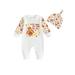 Canrulo Newborn Baby Girl Boy Thanksgiving Long Sleeve Romper Turkey Print Long Sleeve Bodysuit Jumpsuit with Hat Clothes White 6-12 Months