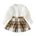 Cute Fall Outfits For Toddler Kids Baby Puff Sleeve Long Sleeve T Shirt Tops Button Woolen Plaid Skirts 2Pcs Princess Clothes Set Neutral Baby Outfits Sets Brown 2 Years-3 Years