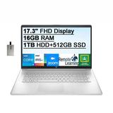 2021 HP 17.3 FHD IPS 250 Nits Laptop Computer Intel Core i5-1155G7 Processor 16GB RAM 1TB HDD+512GB SSD Backlit Keyboard Intel Iris Xe Graphics HD Webcam HD Audio Win11 Silver 32GB USB Card