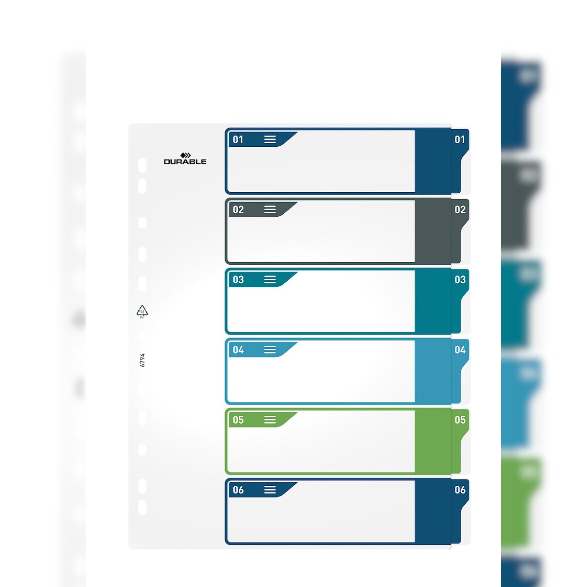 Durable 6794 27 Ordnerregister - 1 - 6, PP, A4+, 6 Blatt + Indexblatt, weiß/farbig Image