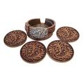 De Leon Collections Tooled Look Brown Belt Floral Scrolls Coaster 4-Piece Set w/ Decorative Holder in Brown/Gray | 4.75 W x 4.75 D in | Wayfair