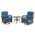 PARKWELL 3-Piece Outdoor Swivel Gliders - Cushioned Chair and Side Table - Rattan Wicker Bistro Furniture Set - Brown Wicker and Blue Cushion