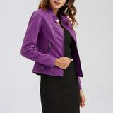 Womens Slim Fit Jacket Faux Leather Zip Up Stand Collar Blouse Fashion Coat Motorcycle Jacket Tops Outwear (L Purple)
