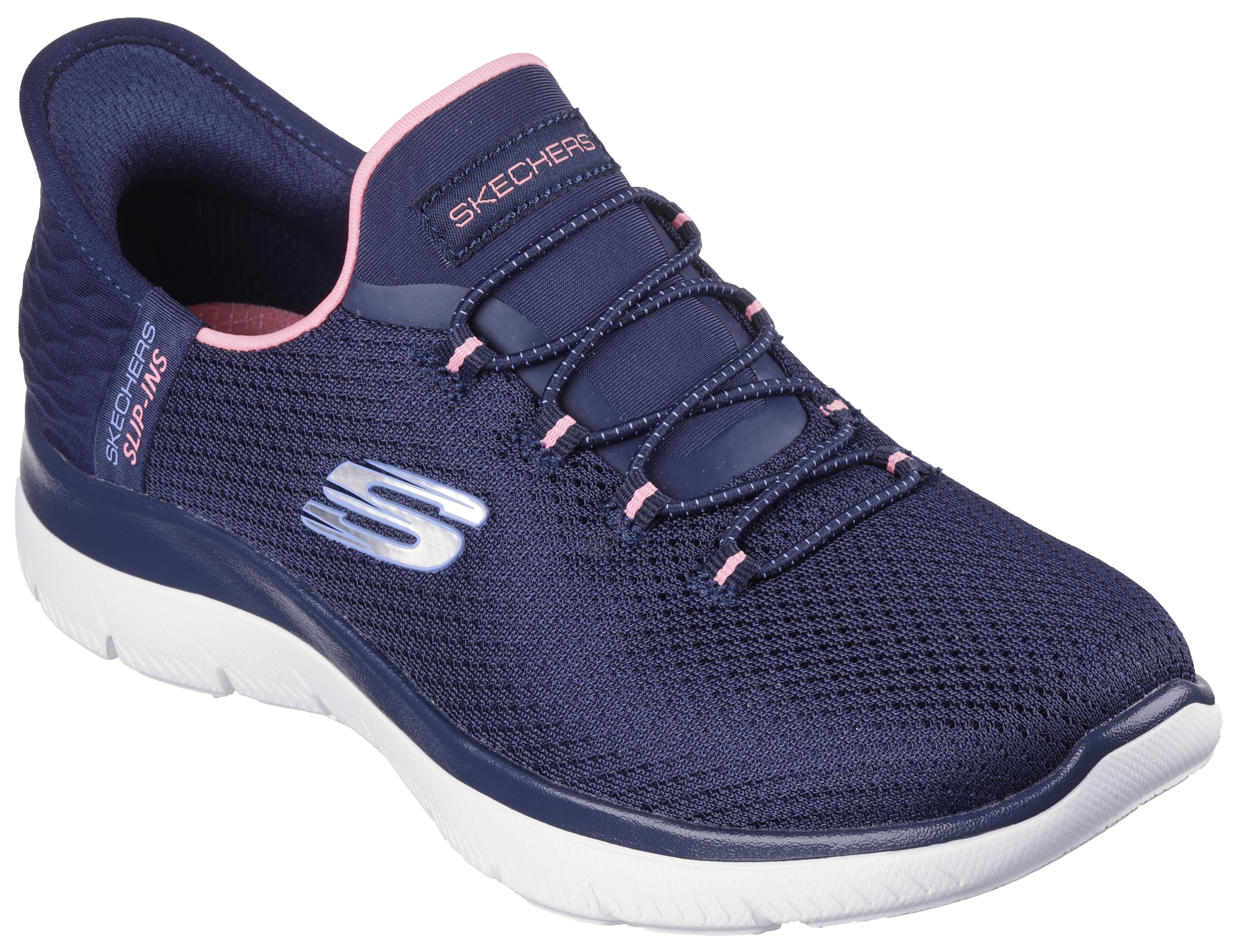Slip-On Sneaker SKECHERS "SUMMITS-DIAMOND DREAM", Damen, Gr. 43, blau (navy, pink), Textil, Schuhe, Schlupfschuh, Freizeitschuh mit praktischer Slip-Ins Funktion, Topseller