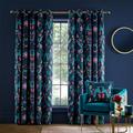 Catherine Lansfield Mya Tropical Floral 66x72 Inch Lined Eyelet Curtains Two Panels Navy Blue