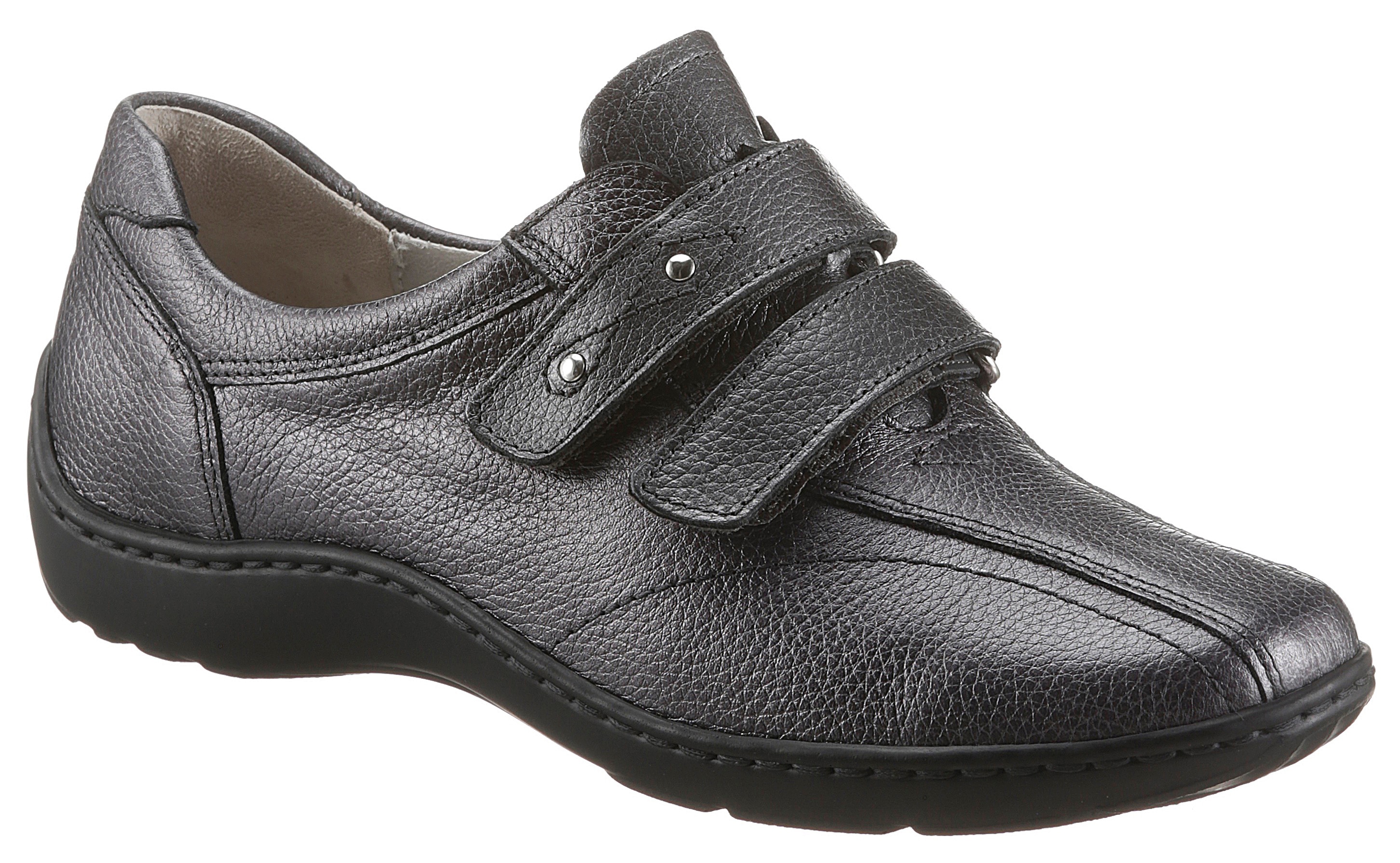 Klettschuh WALDLÄUFER "HENNI", Damen, Gr. 6 (39), grau (anthrazit), Nappaleder, metallic, Schuhe Klettschuh, Slipper, Komfortschuh, Bequemschuh mit Klettverschlüsse, H-Weite