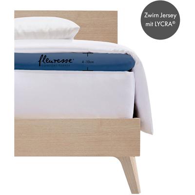 Spannbettlaken FLEURESSE "Topper", blau (denim), B:120-130cm L:200-220cm, Jersey-Elasthan, Obermaterial: 96% Baumwolle, 4% Elasthan, Laken, aus Jersey-Elasthan, für eine Matratzenhöhe bis 10 cm Image