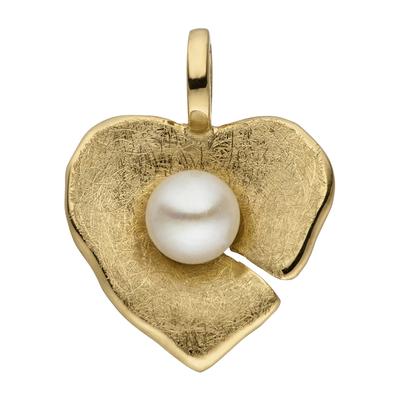 Perlen-Anhänger JOBO "Anhänger Herz mit Perle", gelb (gelbgold 585), Schmuckanhänger, Damen, Gelbgold 585-Perlen, Gelbgold 585, Perlen, 585 Gold eismatt mt Süßwasser-Zuchtperle Image