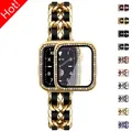 Bracelet de luxe pour femme et boîtier en diamant pour Apple Watch bracelet en cuir et acier pour