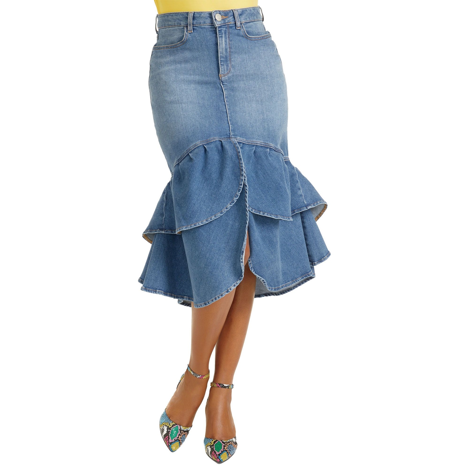 Masseys Ruffle Denim Skirt (Size 10) Medium Vintage Wash, Cotton,Denim,Polyester,Spandex