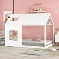 Full Size Kids House Bed Montessori Floor Bed Full With Roof And Window Wood Full Floor Bed Frame Cabin Fun Playhouse Bed For Girls Boys Children White