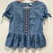 J. Crew Tops | J Crew Peplum Top Blue Embroidered Short Sleeves Ruffle Shirt Sz 2 100% Cotton | Color: Blue/Red | Size: 2