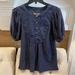 Anthropologie Tops | Anthropologie Blouse Womens Medium Navy Blue Elinor Textured Balloon Sleeve Top | Color: Blue | Size: M