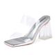 Abbleet Clear Heels for Women Chunky Heel Transparent Heels Sandals Two Strap Square Open Toe Block High Heel Sandals Slip on Party Wedding Dress Shoes, Silver, 6 UK